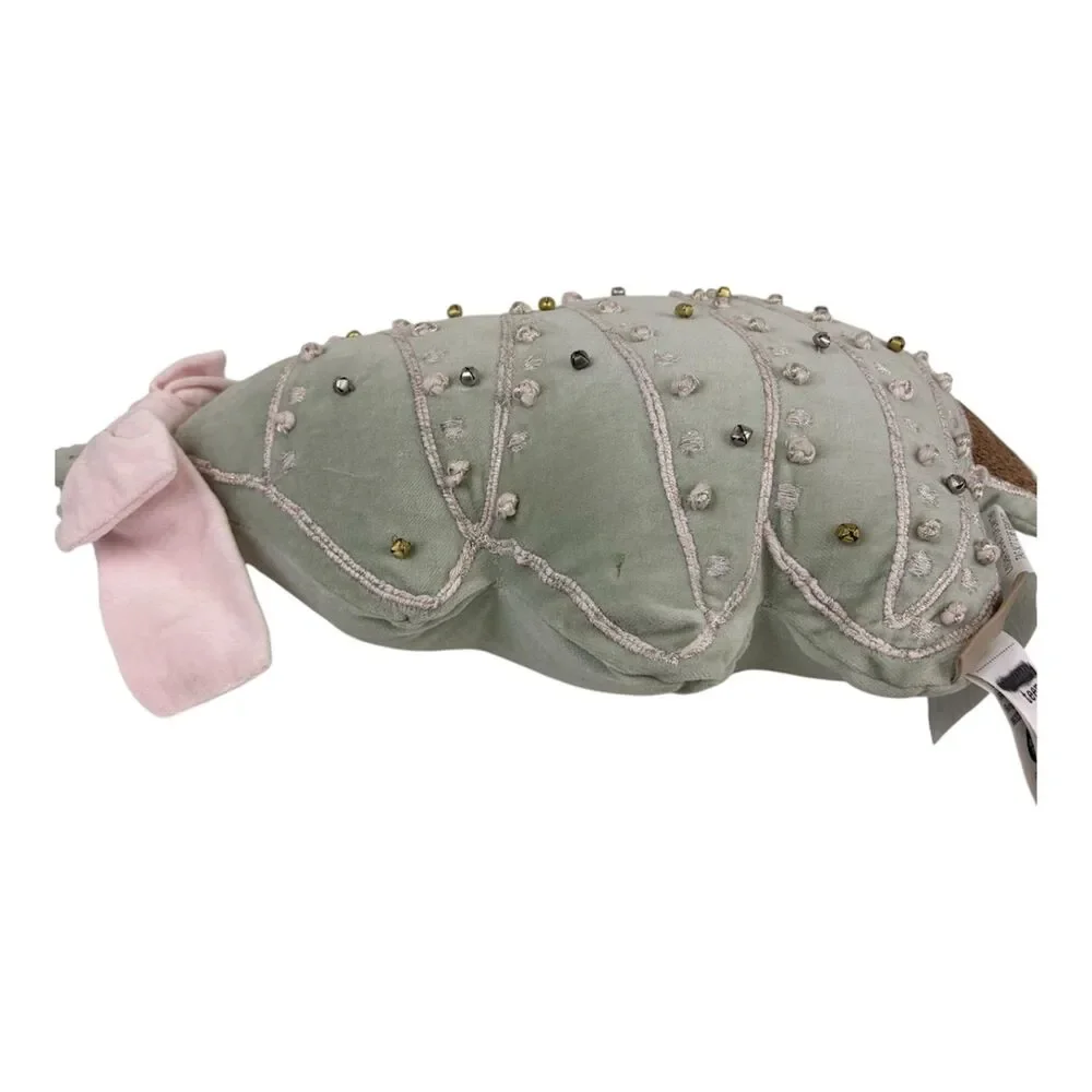 Pottery Barn Christmas Tree Shaped Embellished Pillow Green Velvet Pink Bow READ